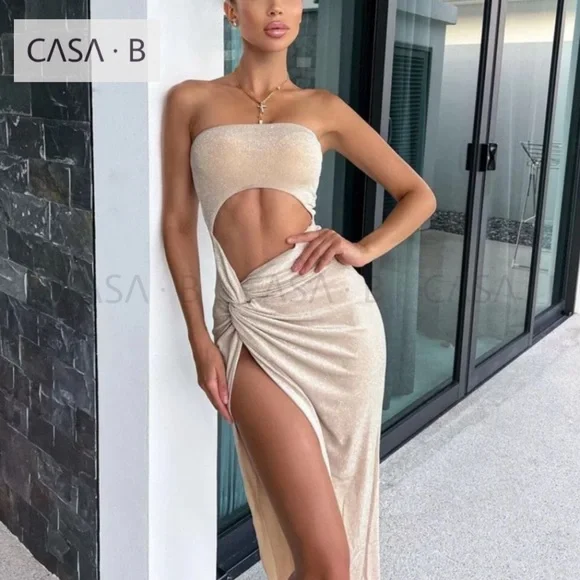 CASA B| Cocktails In Capri High Slit Champagne Shimmer Dress - Picture 4 of 6